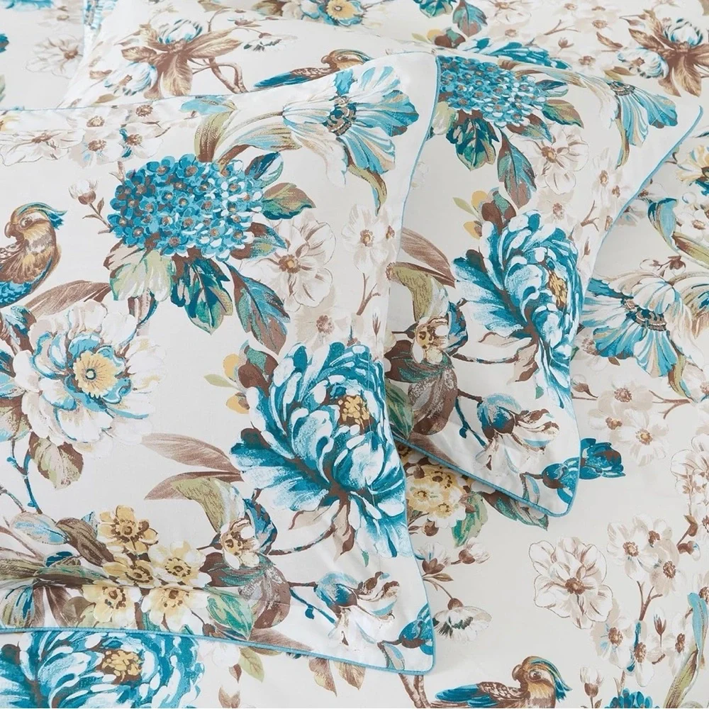 NEW Anthro White Blue Floral Bird Cotton Boho Queen King Bedding Duvet Sham Set - Picture 9 of 14